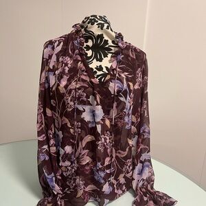 White House Black Market Chic Sheer Floral Blouse in Burgundy and Purple